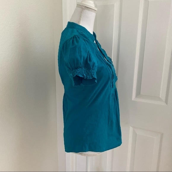 Love on a Hanger Teal Blue Swiss Dot Mock Neck Crochet Front Panel Blouse Sz Lg - Picture 6 of 8